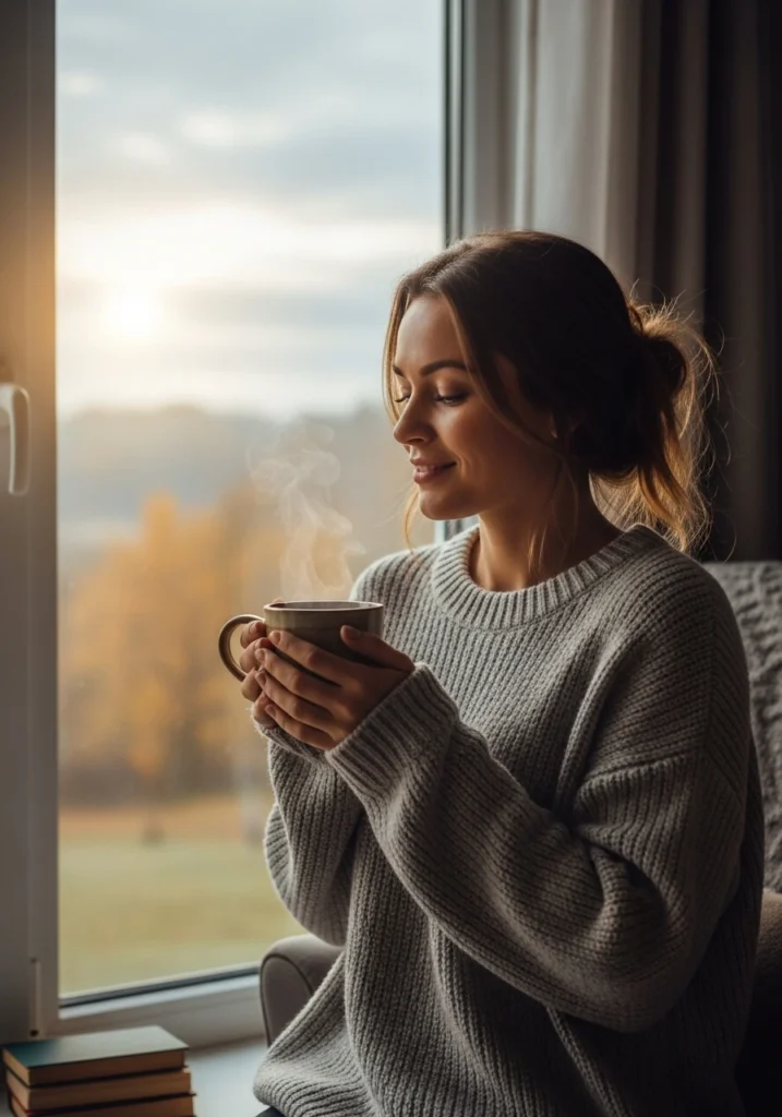 Жінка тримає в руках чашку гарячого напою