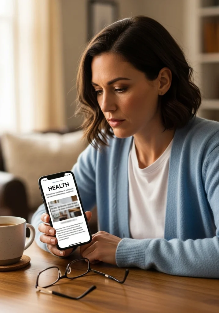 Жінка вивчає в телефоні інформацію про жіноче інтимне здоров’я