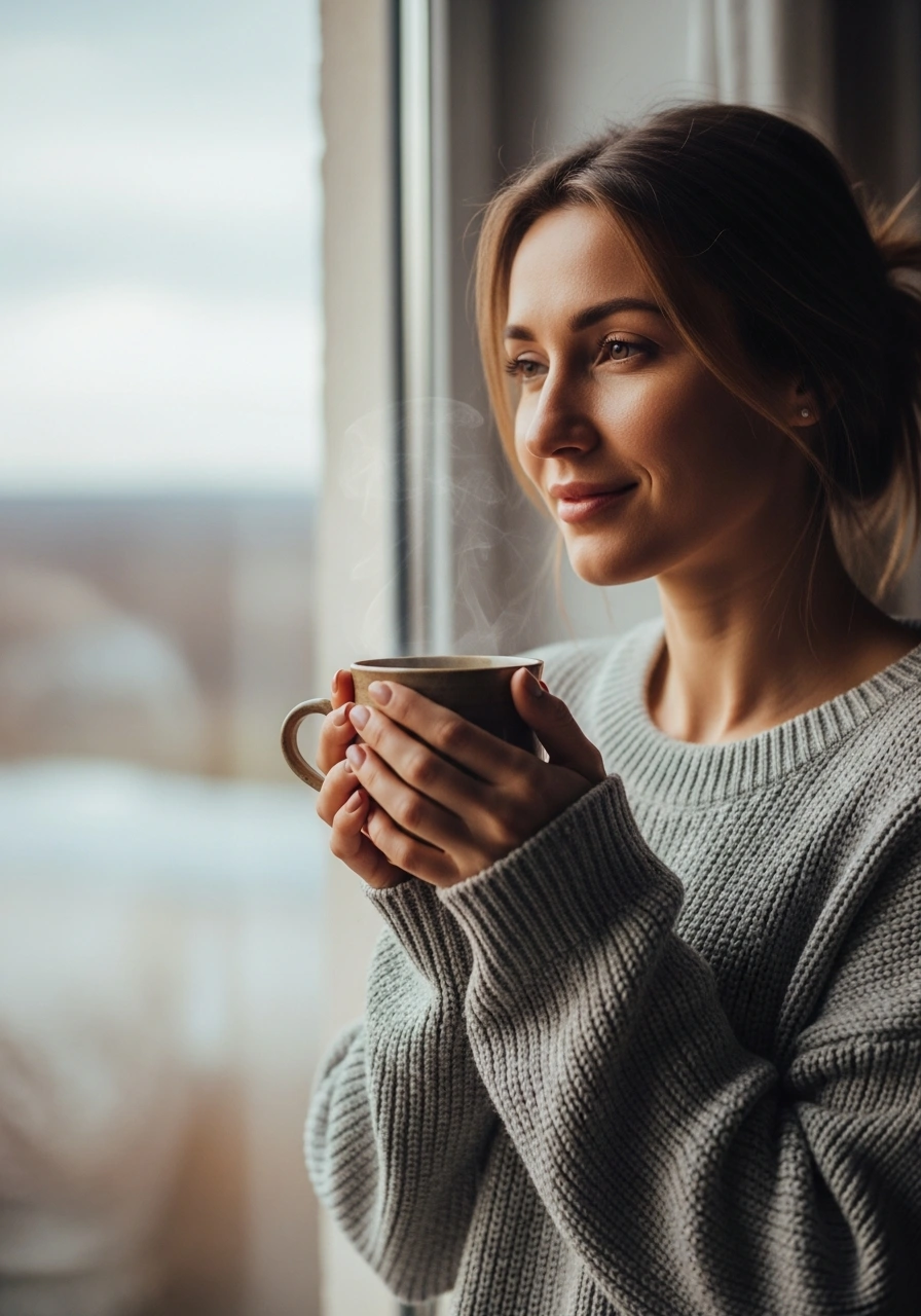 Жінка дивиться у вікно і тримає в руках чашку