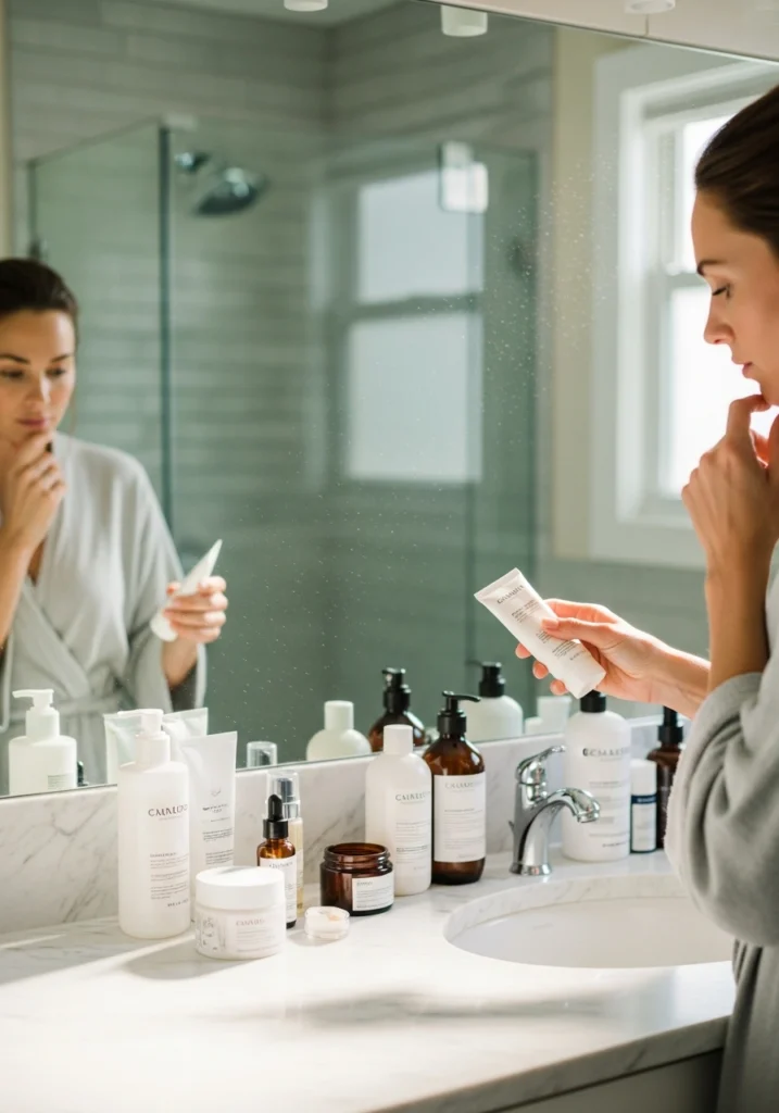 ЖІнка у ванній перед дзеркалом тримає засіб для догляду