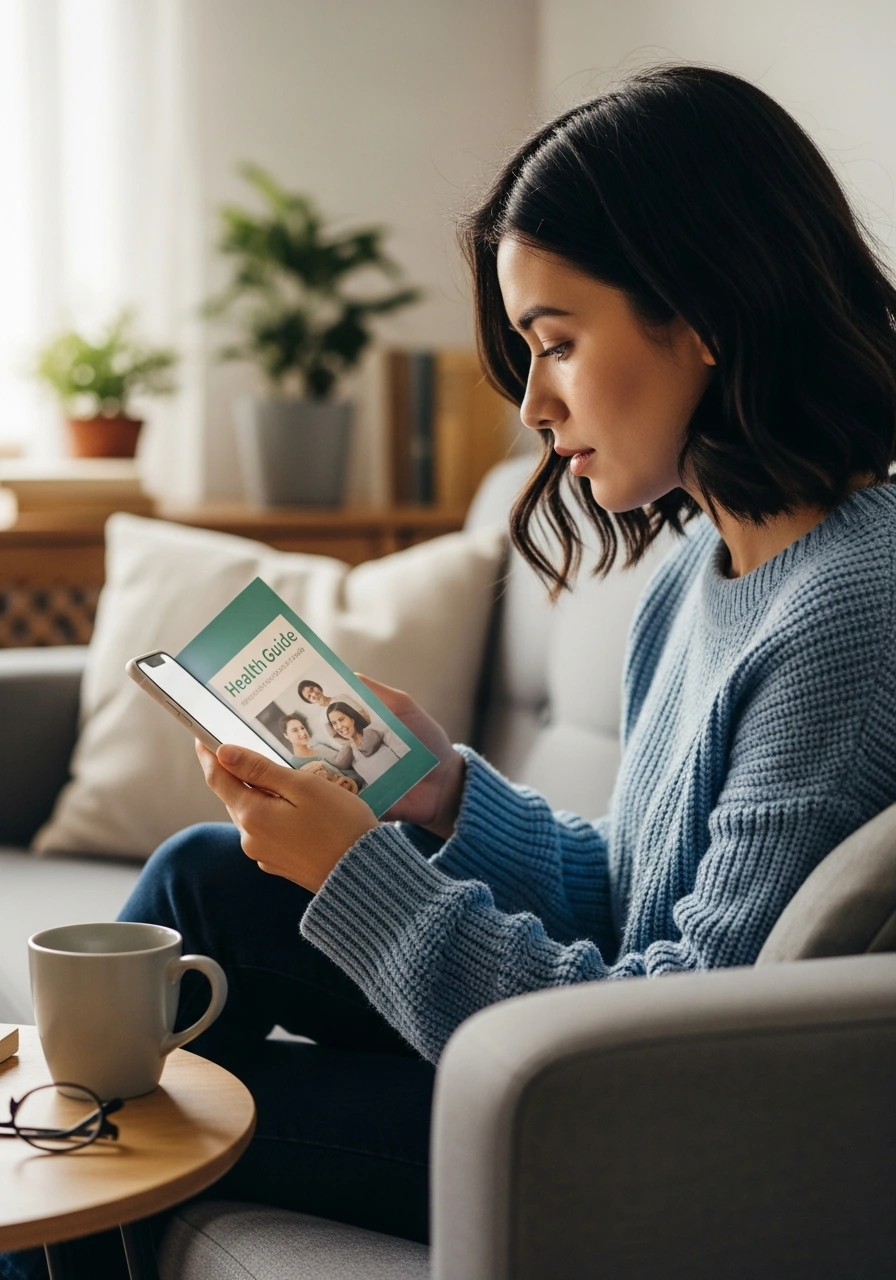 Жінка читає посібник про колір виділень у жінок