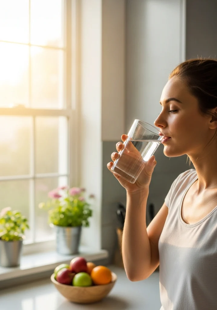 Жінка п'є воду для підтримки водного балансу
