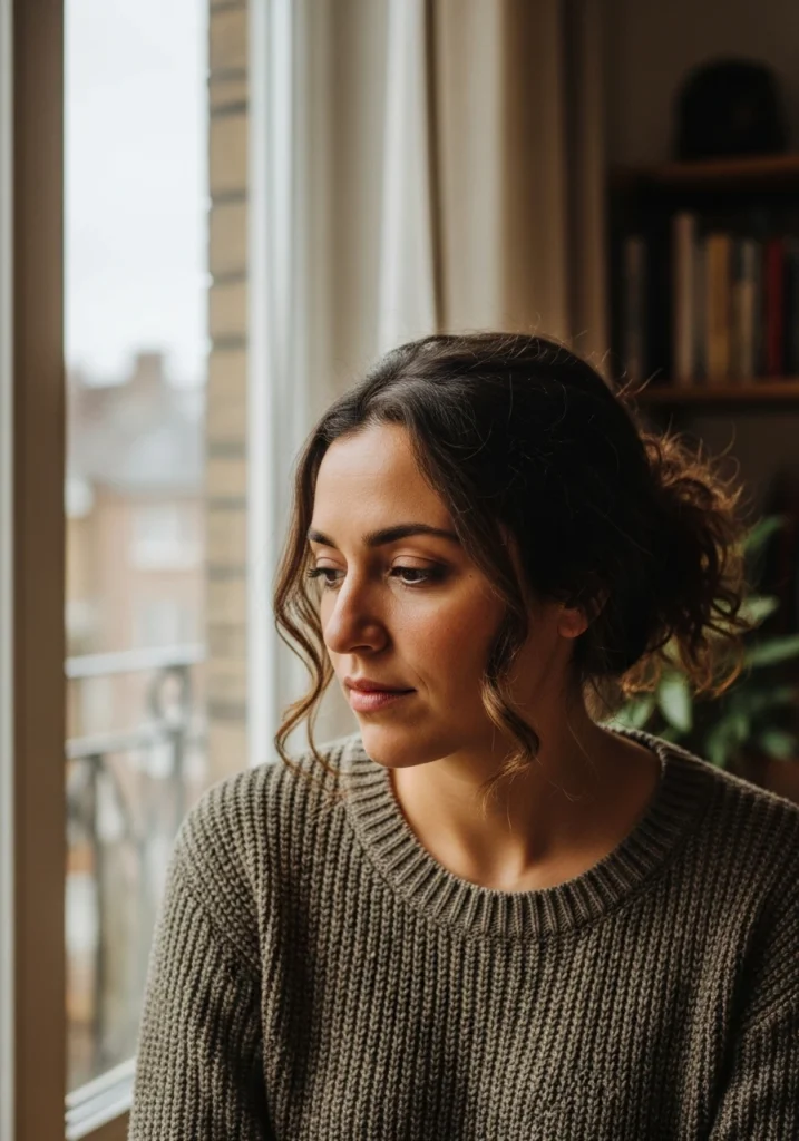 Дівчина засмучена сидить біля вікна